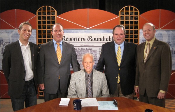w1-njn-reporters-roundtable-112310 On the left, Jay Lassiter and Jeff Gardner of BlueJersey.com. Michael Aron of NJN, seated center. On the right, Art Gallagher and Murray Sabrin of MurraySabrin.com