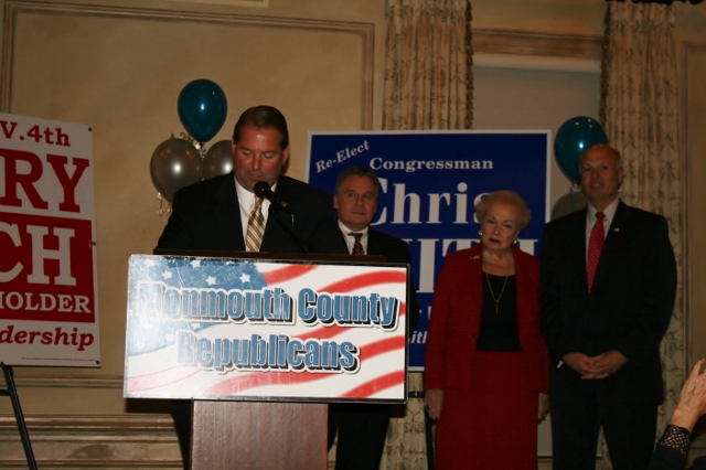 Monmouth GOP Chairman Shaun Golden announces Congressman Chris Smith's victory and Freeholders Lillian Burry and Gary Rich's lead